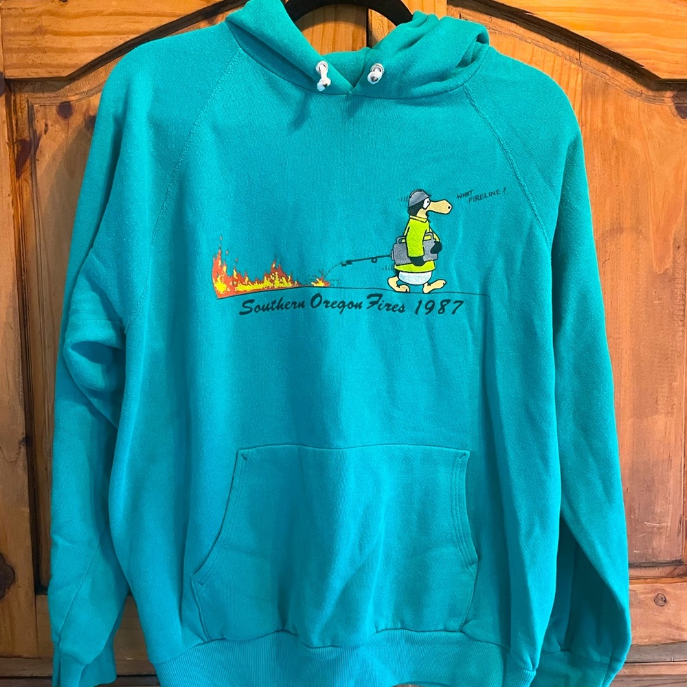 Vintage Wildland Fire Sweatshirt with Opus Penguin cartoon & drip torch 1987 era